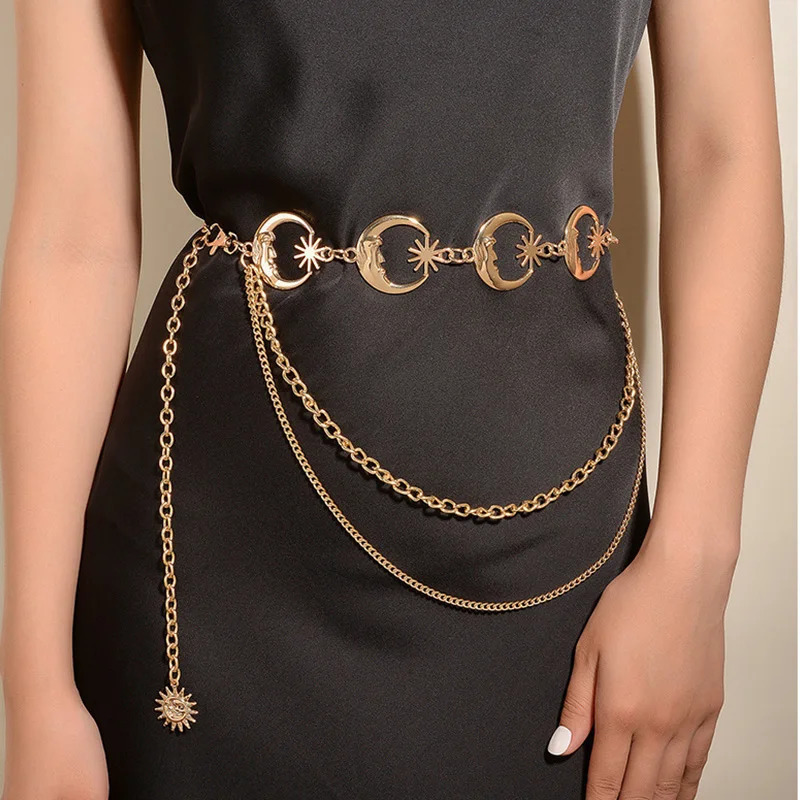 Women Star Moon Metal Waist Chain Multilayer Punk Gothic Golden Silver Hollow Chain Belt Female Dress Jewelry Body Chain 251023
