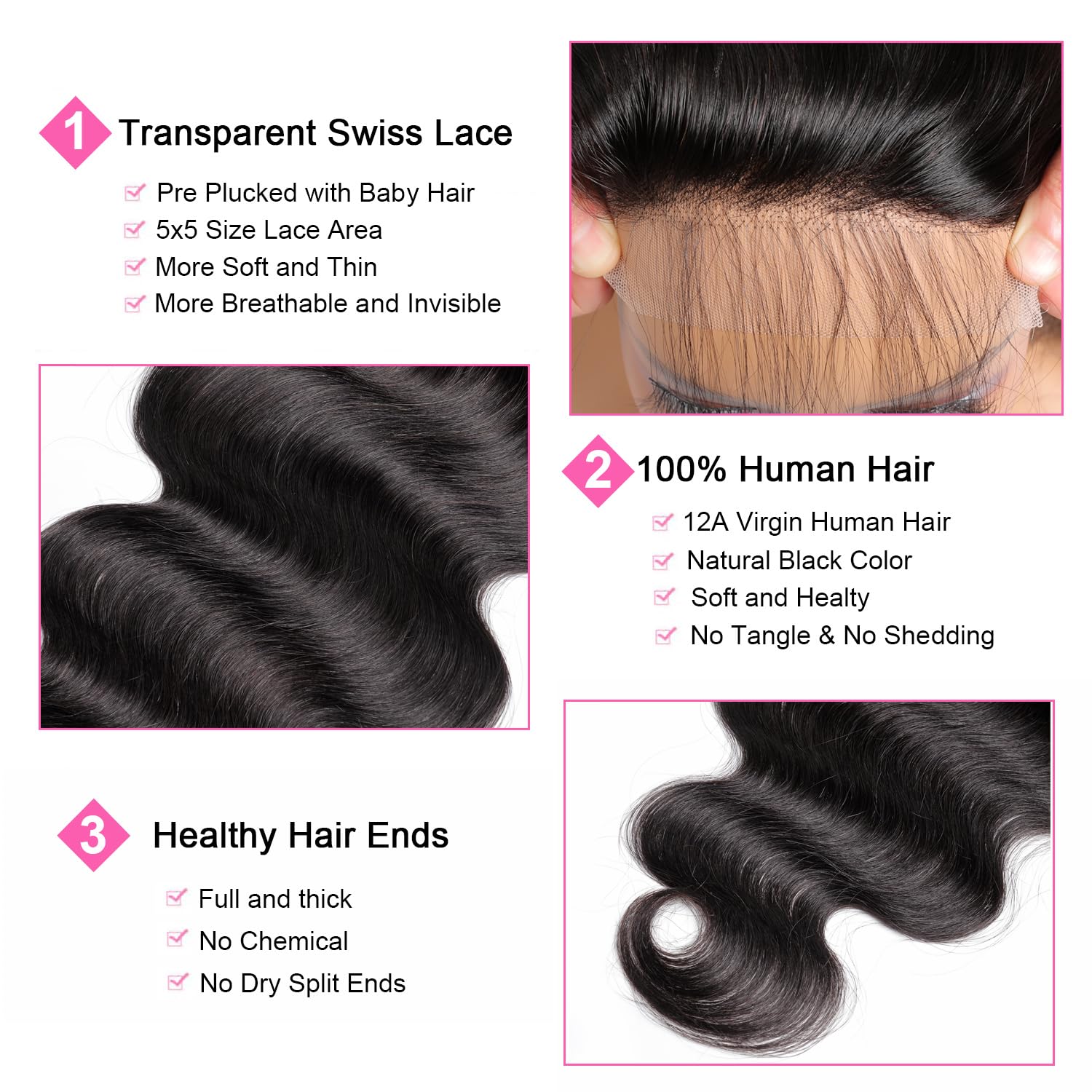 5x5 Lace Closure Body Wave Unprocessed Virgin Human Hair Free Part 10-20 Inch Natural Black Can Be Dyed Styled Glueless Wear