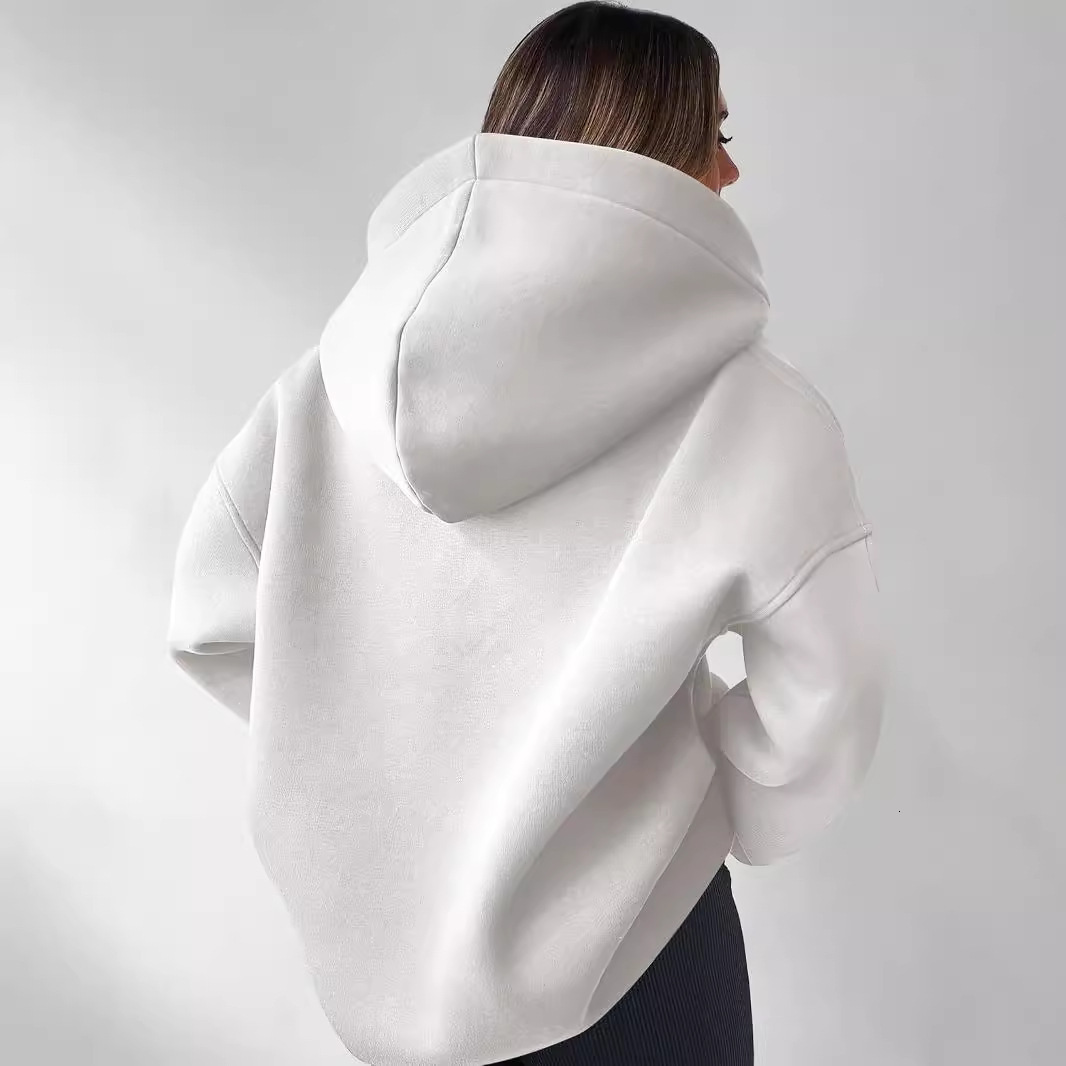 2025 Autumn Winter Women's Solid Color Long Sleeve Hooded Loose Fit Sweatshirt for Women