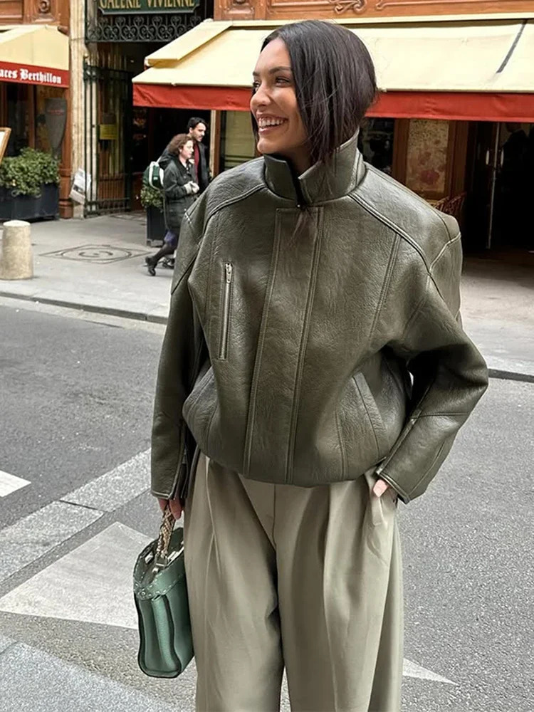 Army Green Pu Leather Bomber Jacket Women Vintage Loose Long Sleeve Zipper Pockets Coat Lady Daily Street Outerwears 251020
