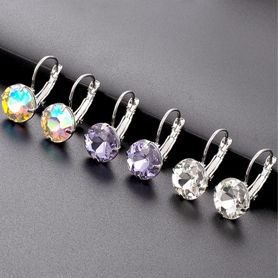6 Pairs Leverback Dangle Earrings Set Earring Multicolor Round Cubic Zirconia Drop Earrings For Women