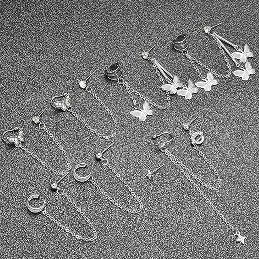 6 Pairs Cuff Earrings Chain Drop Dangle Earrings with CZ Inlaid Wrap Threader Tassel Earrings Cartilage Double Piercing Holes Stainless Steel Earring 