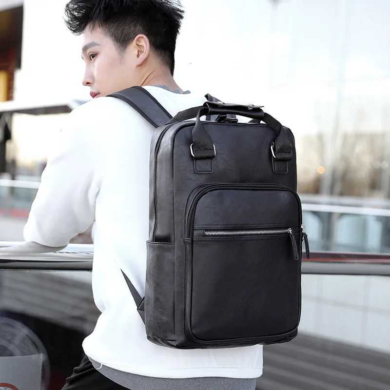 black work backpack PU leather bag man shoulder bags Waterproof male backpack 156 inch laptop computer bag boys school backpack W251025