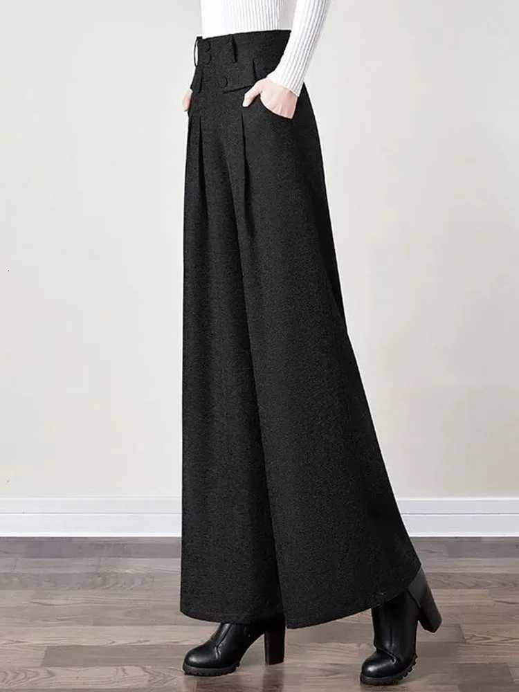 Autumn Winter Woolen Blend Culotte Elegant High Waist Wide Leg Pants Women Baggy Korean Fashion Pantalones Oversize Belt TrouserT251025