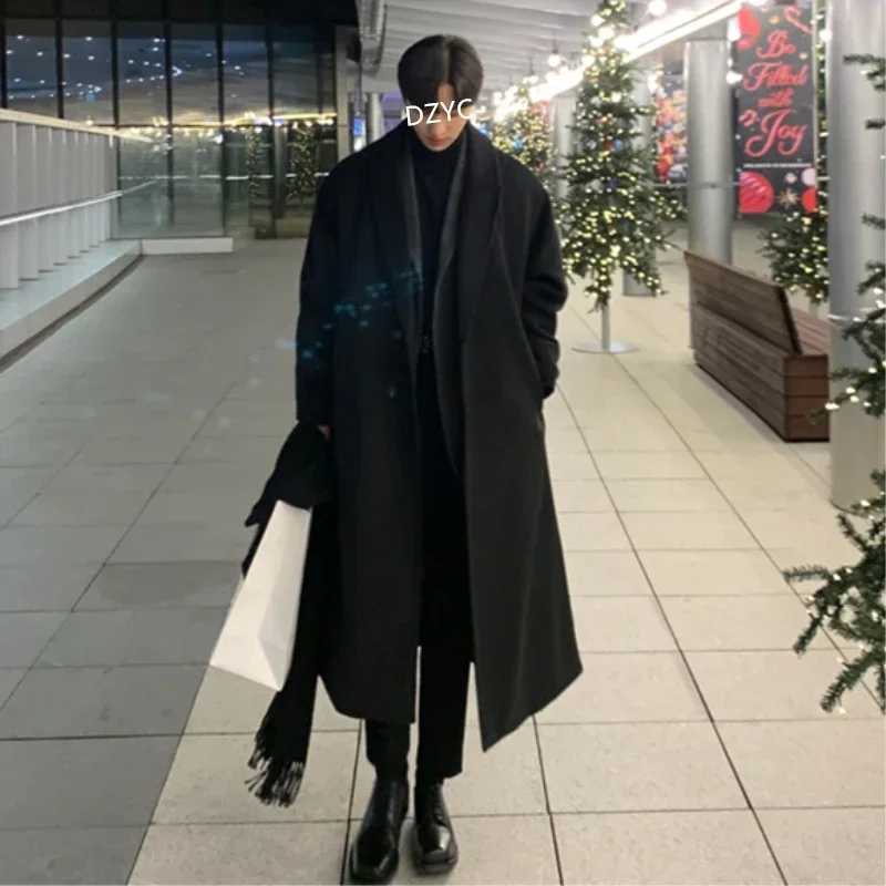 Korean Fashion Winter Jacket and Coat Men 2025 Mens Casual Thicken Wool Oversized Overcoat Male Streetwear Warm Belt Long CoatsT251025