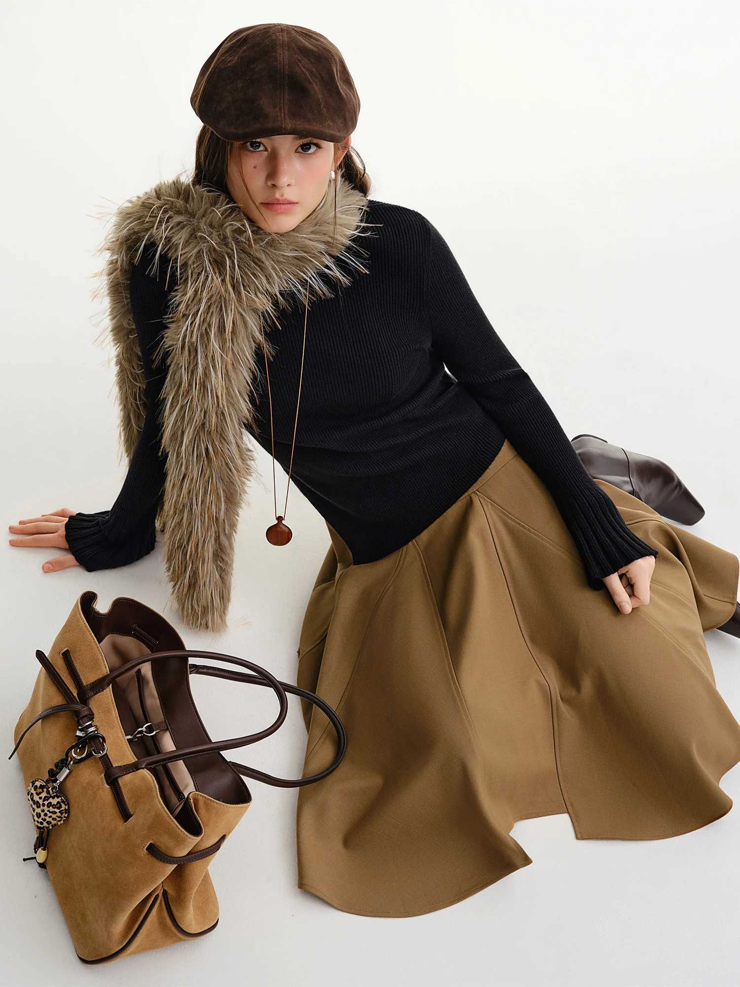 DUSHU Plus Size Womens Bell Sleeve Knit Sweater 2025 Winter Relaxed Fit Asymmetric Hem Mock Neck Soft Comfortable Casual TopT251025