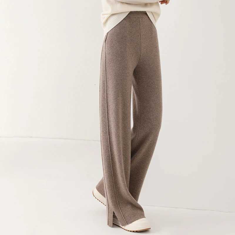 Women Wool Wide Leg Trousers Elastic Waist Side Slit Woman Wool Pants Autumn Winter 100 Merino Wool Knitted Soft Warm TrousersT251025