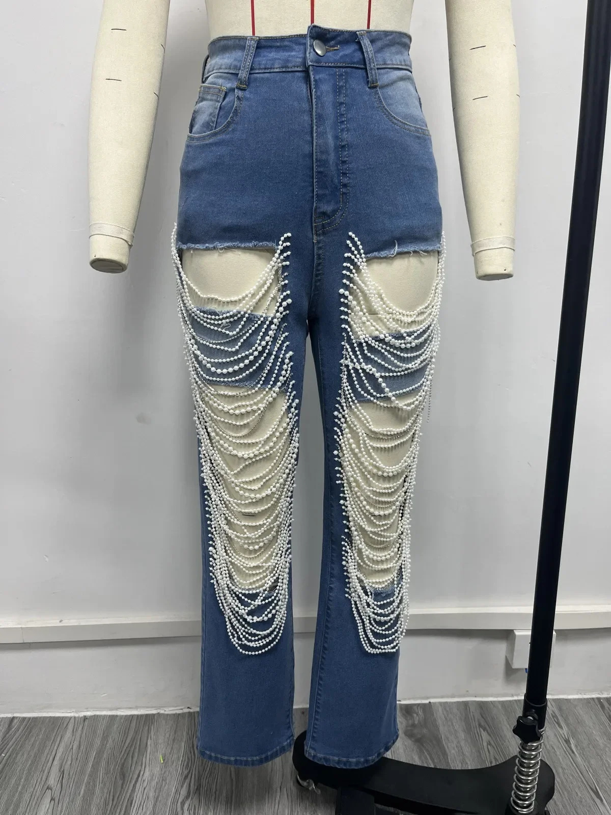 Ripped Jeans for Women Straight Pants Diamonds Chain Stretch Distressed High Waist Floor Length 2025 Streetwear Denim Trousers 251023