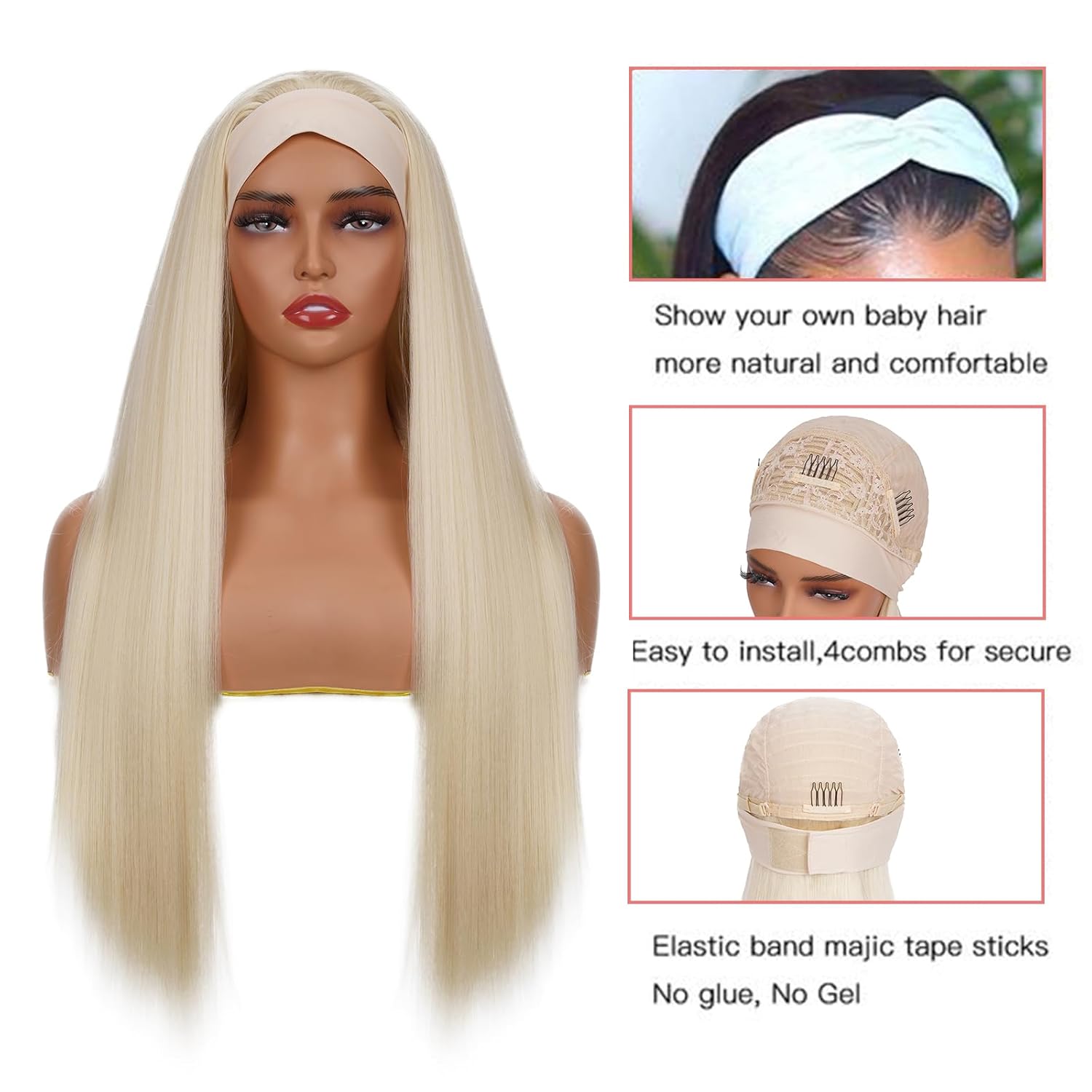 613 Headband Wig Straight Honey Blonde Human Hair Virgin Remy Hair Machine Made Glueless Wigs for Women No Lace Needed