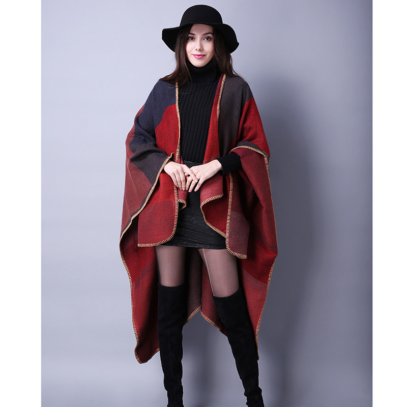 Autumn Winter Scarf Versatile Plaid Womens Travel Shawl Imitation Cashmere Ethnic Style Split Thickened Cape