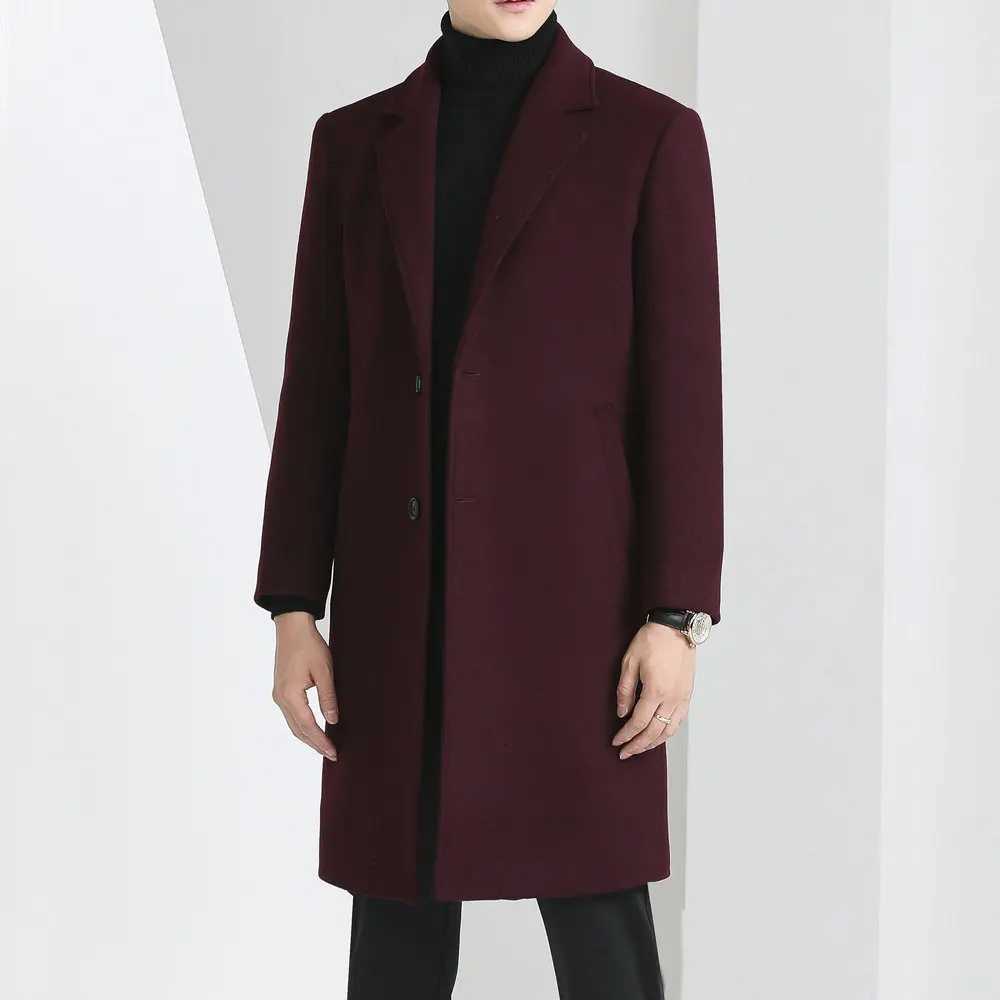 Winter Autumn Mens Timeless Woolen Overcoat Grey Navy Black Burgundy Notched Collar Design Cashmere Coat Plus Size MenswearT251025