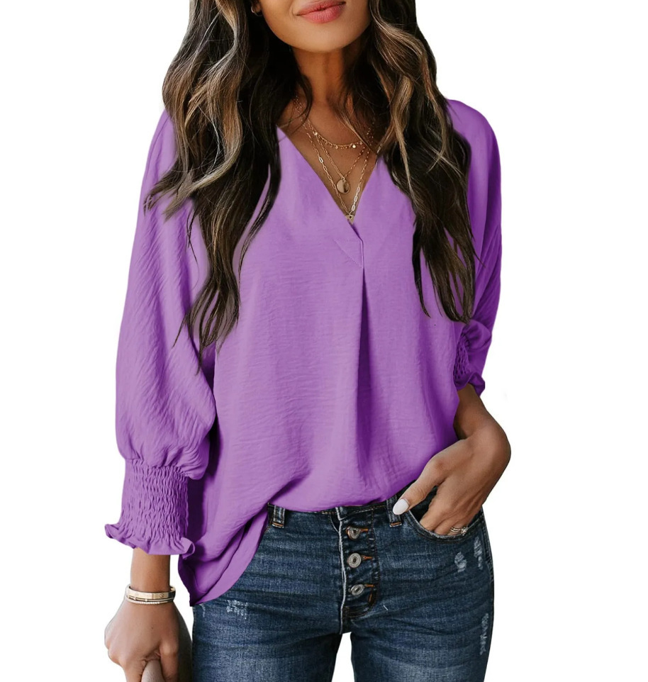 2025 Autumn Winter New Women's V-neck Casual Long Sleeve Loose Shirt Top Blouse T-shirt