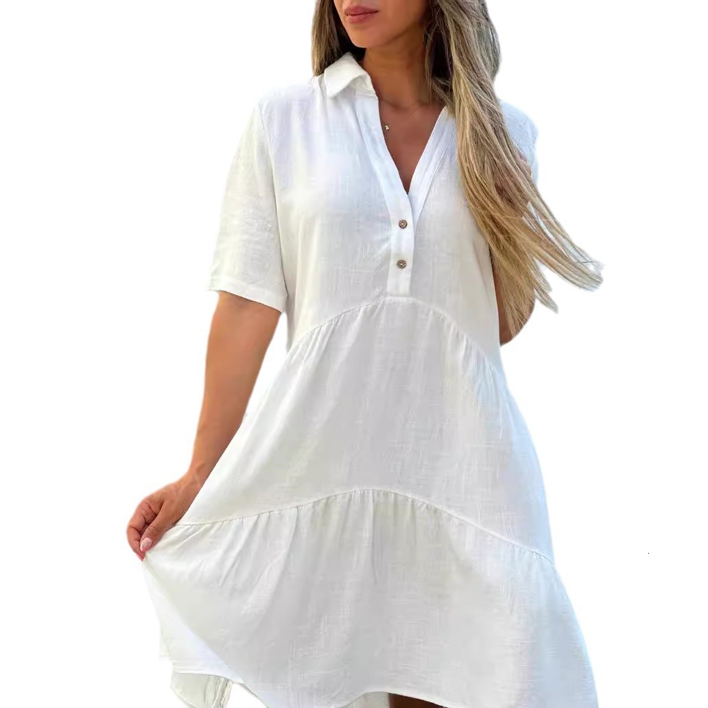 2025 Women's Loose Solid Color Turn-Down Collar Casual Short Sleeve Cotton Dress