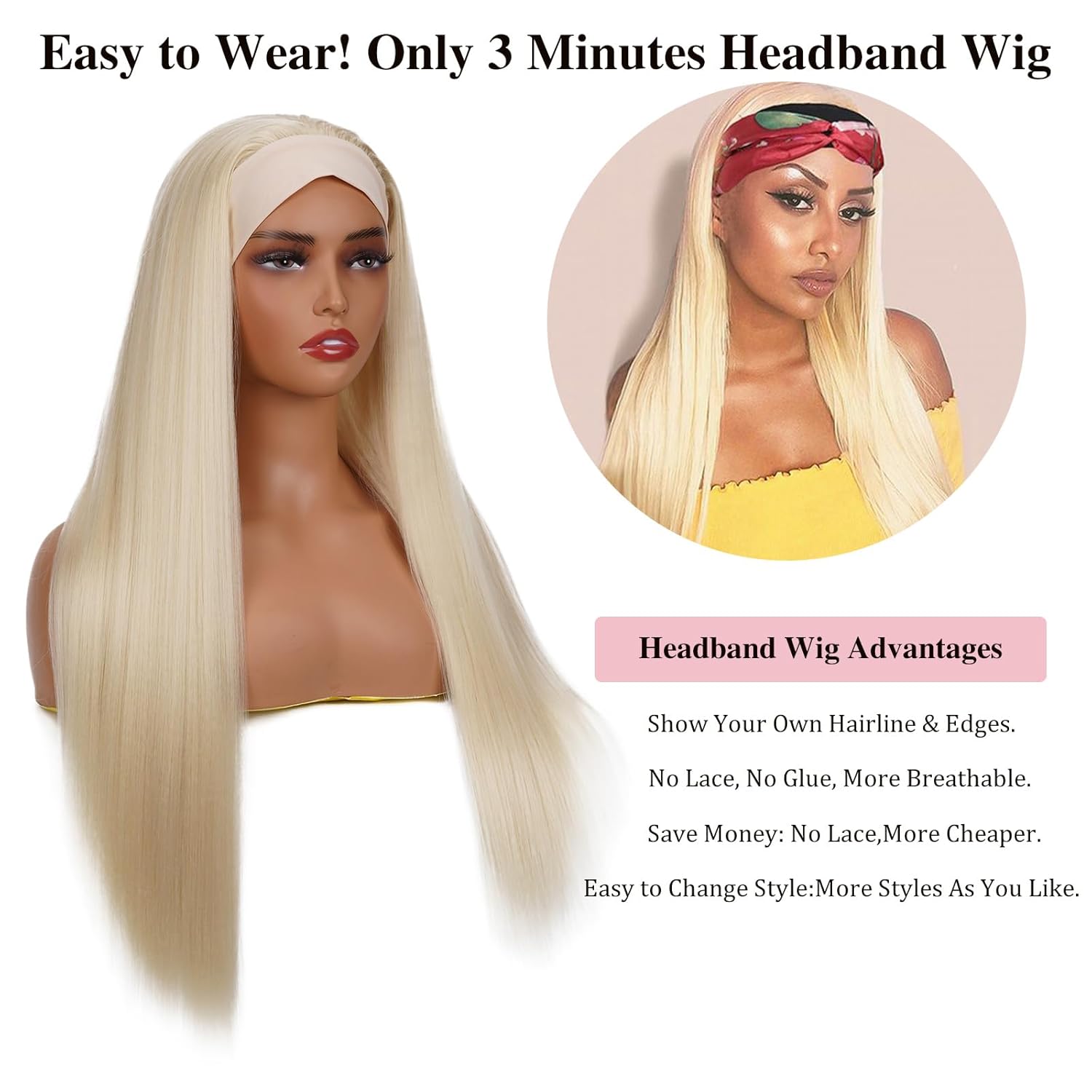 613 Headband Wig Straight Honey Blonde Human Hair Virgin Remy Hair Machine Made Glueless Wigs for Women No Lace Needed