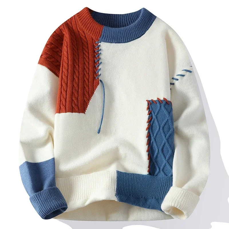 2025 Male Patchwork Sweater Trend High Street Fashion Autumn and Winter Warm Mens Hiphop Clothing Men pullover shirt 251015