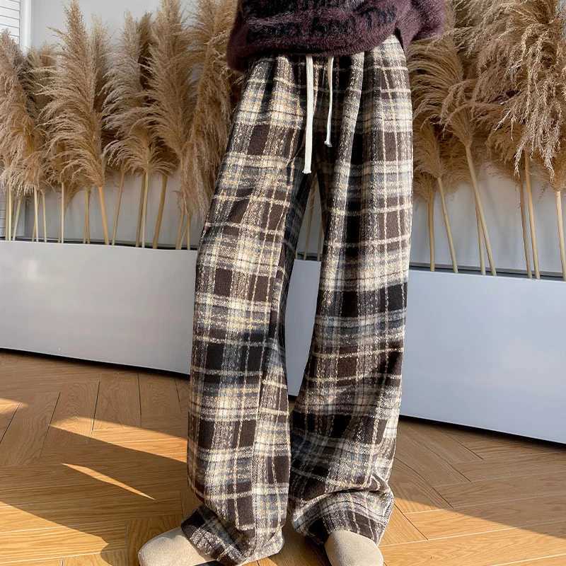 Harajuku Thicken Plaid Pants for Women Autumn Winter Fleece Wide Leg Trousers Woman Baggy Drawstring High Waist Pants LadiesT251025