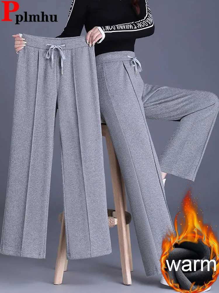 Winter Warm Thicken Loose Straight Pants Korean Elastic High Waist Lace Up Wide Leg Pantalones Casual Velvet Lined SweatpantsT251025