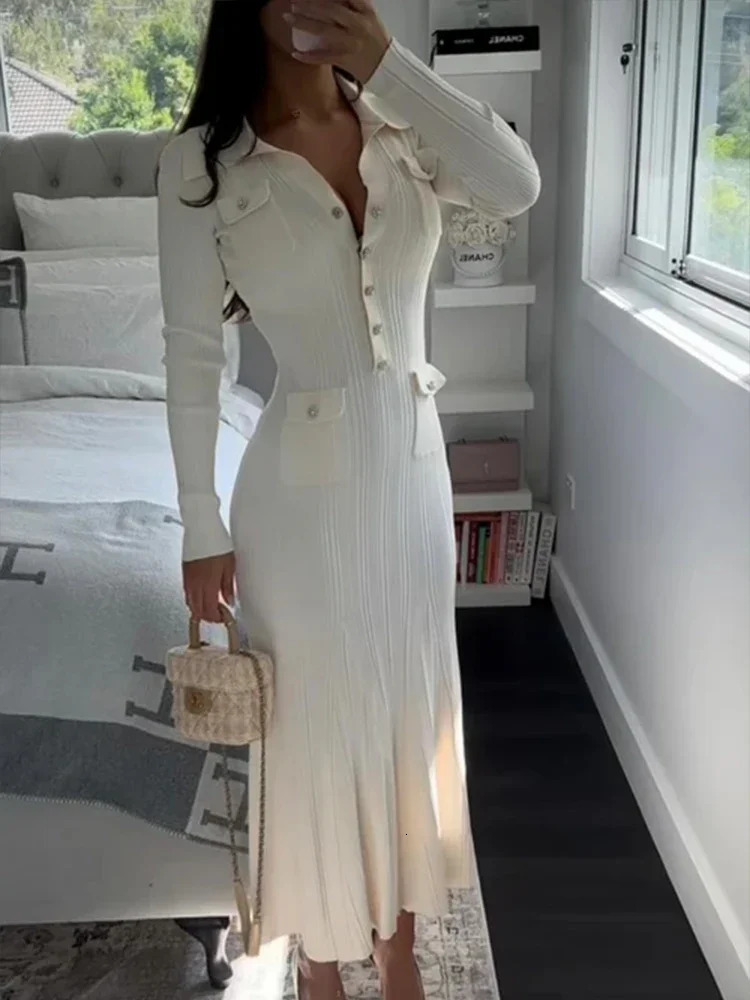 Knitted Elegant Party Dresses Woman Slim Lapel Button Pockets Long Dresses Office Lady Full Sleeve Ribbed Robes 2025 Autumn 251023