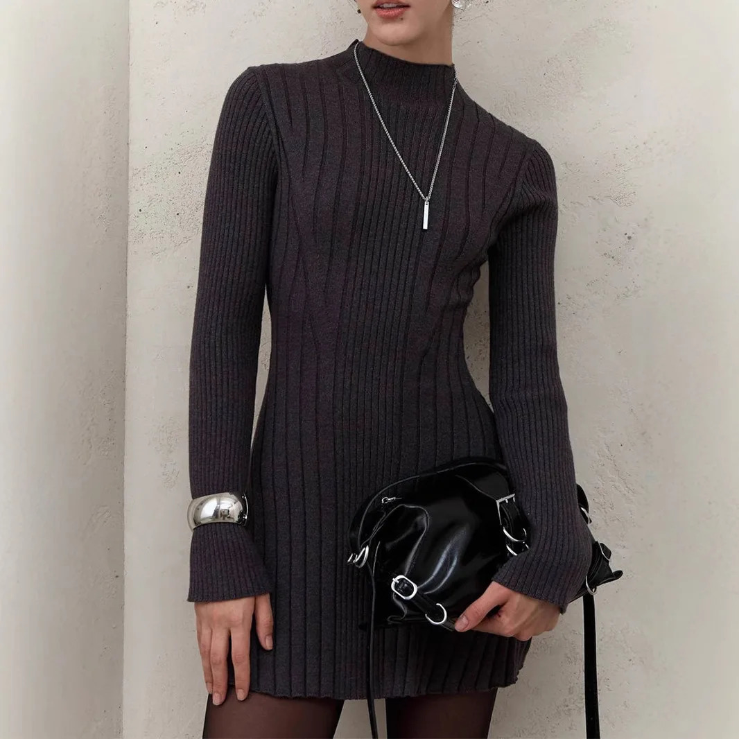 Womens 2025 Spring Knitted Dress Long Sleeve SemiHigh Neck A Line Skirt for an Elegant and Playful Look 251023