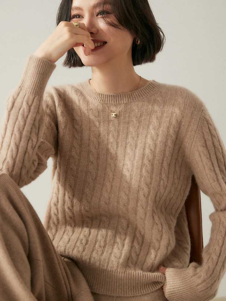 Womens Vintage Chic Basic Twist Flower Knit Autumn Winter Sweater 100 Cashmere Tops Loose Clothes Simple Warm ONeck PulloverT251025