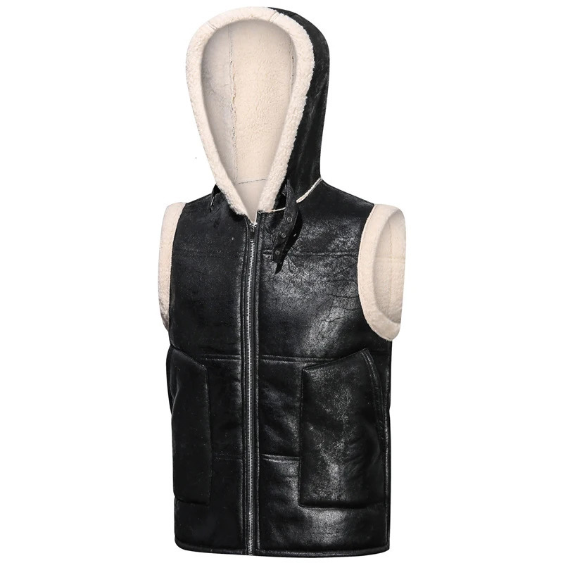 Winter Mens Fleece Warm PU Leather Vests Classical Men Faux Fur Motorcycle Leather Vests Men Windbreaker Hooded Vests Clothing 251020