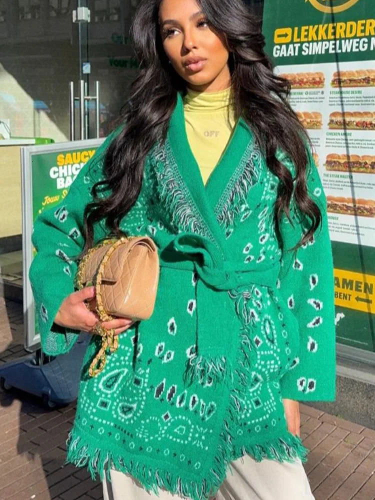 Women Tassel Patchwork Printed Cardigan Geometric Patterns Belts Vneck Long Sleeve Knitted Casual Lady Sweater 2025 Autumn Coat 251013