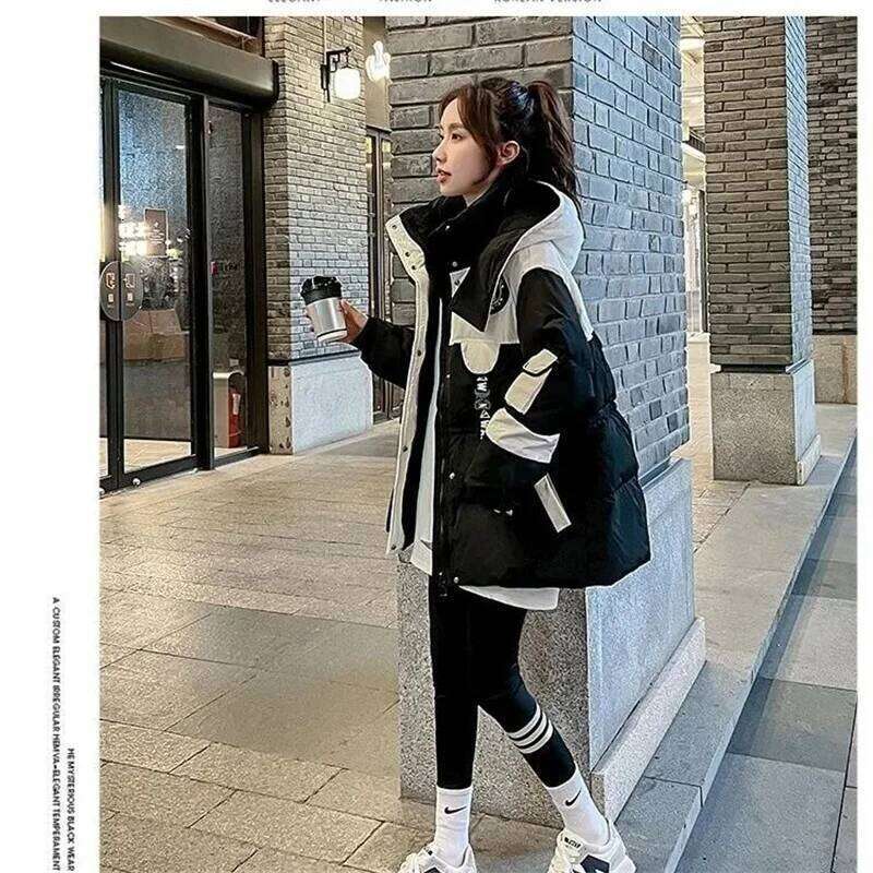 Black Medium Long Parker Cotton Jacket Women's Winter 2025 New Korean Version Loose Down Cotton Splicing Hooded Coat Warm Top