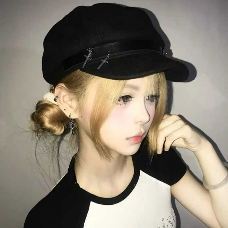 2025 Wen Harajuku Gothic Lolita Beret Hat C Y2K Girl Fashion Black Punk Cross Hats Handmake Decorative Beret Hats Wholes Y251025