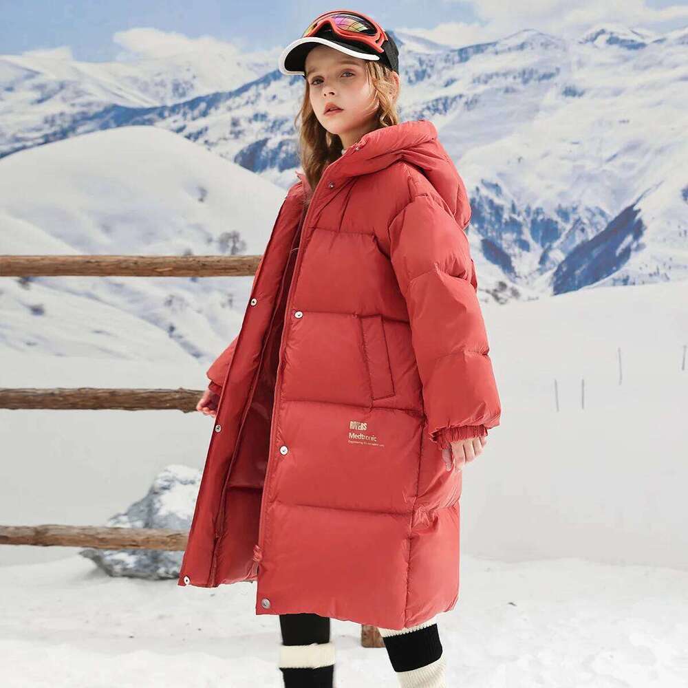 Winter Warm Girls Stylish Gold Letters Long Hooded Zip Puffer Jackets School Kids Thick Coats Children Outfit Windbreaker 4-16Yr