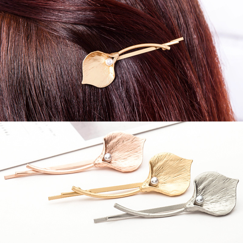Korean Fashion Accessories Simple Lady Metal Flower Bangs Calla Lily Pearl Hair Clip