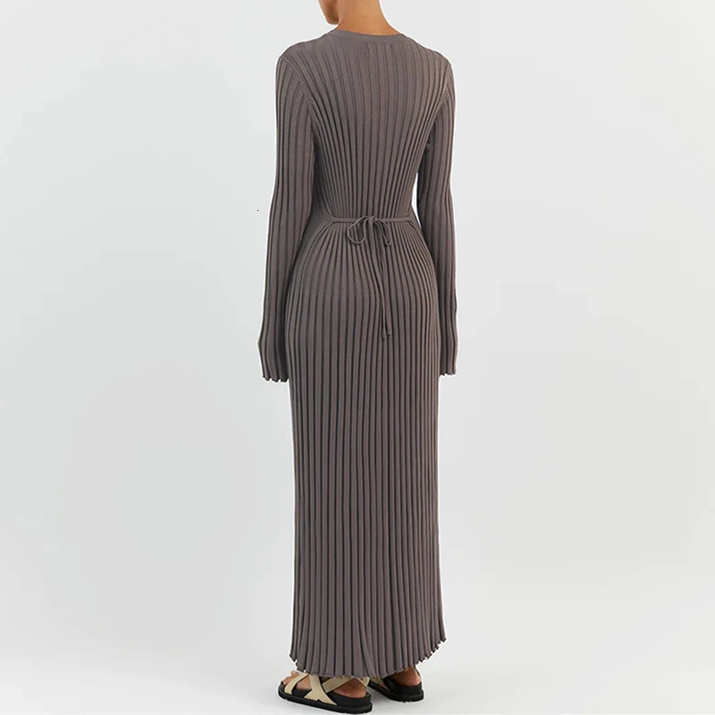 90s Vintage Tie Waist Dress Women Elegant Ribbed Knit Full Sleeve Maxi Dress Crew Neck Bodycon Pencil Long Dress Streetwear 251023