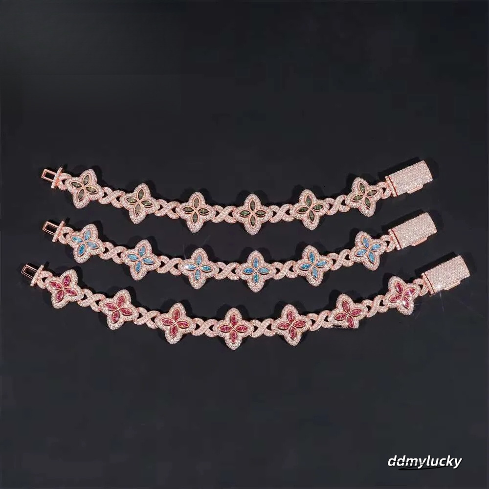 Rich Color Flower Design 18Mm Custom Iced Out Hip Hop Unisex Jewelry Cuban Link Chain Sier VVS Moissanite Bracelet Ddmylucky