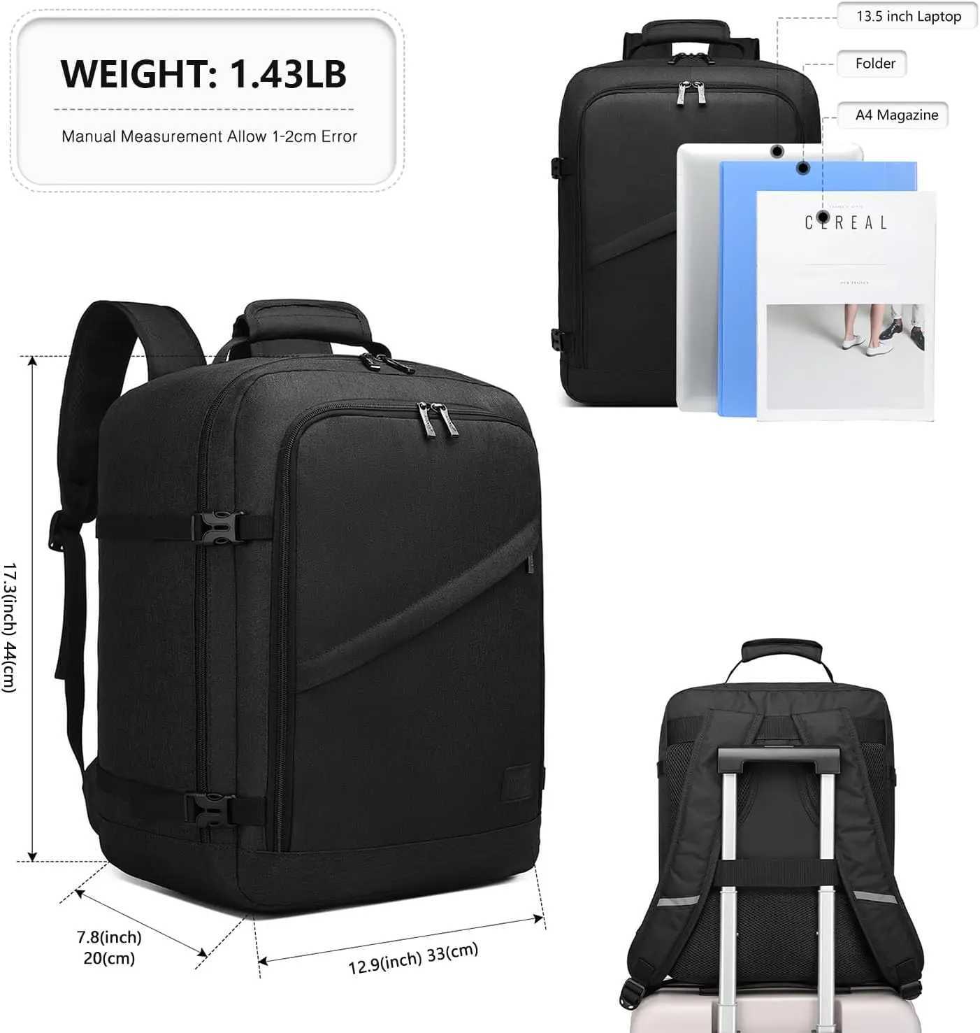 KONO Carry on Backpack Airplane Approved Under Seat Travel Backpack Waterproof Lightweight Daypack 20L30L38L W251025