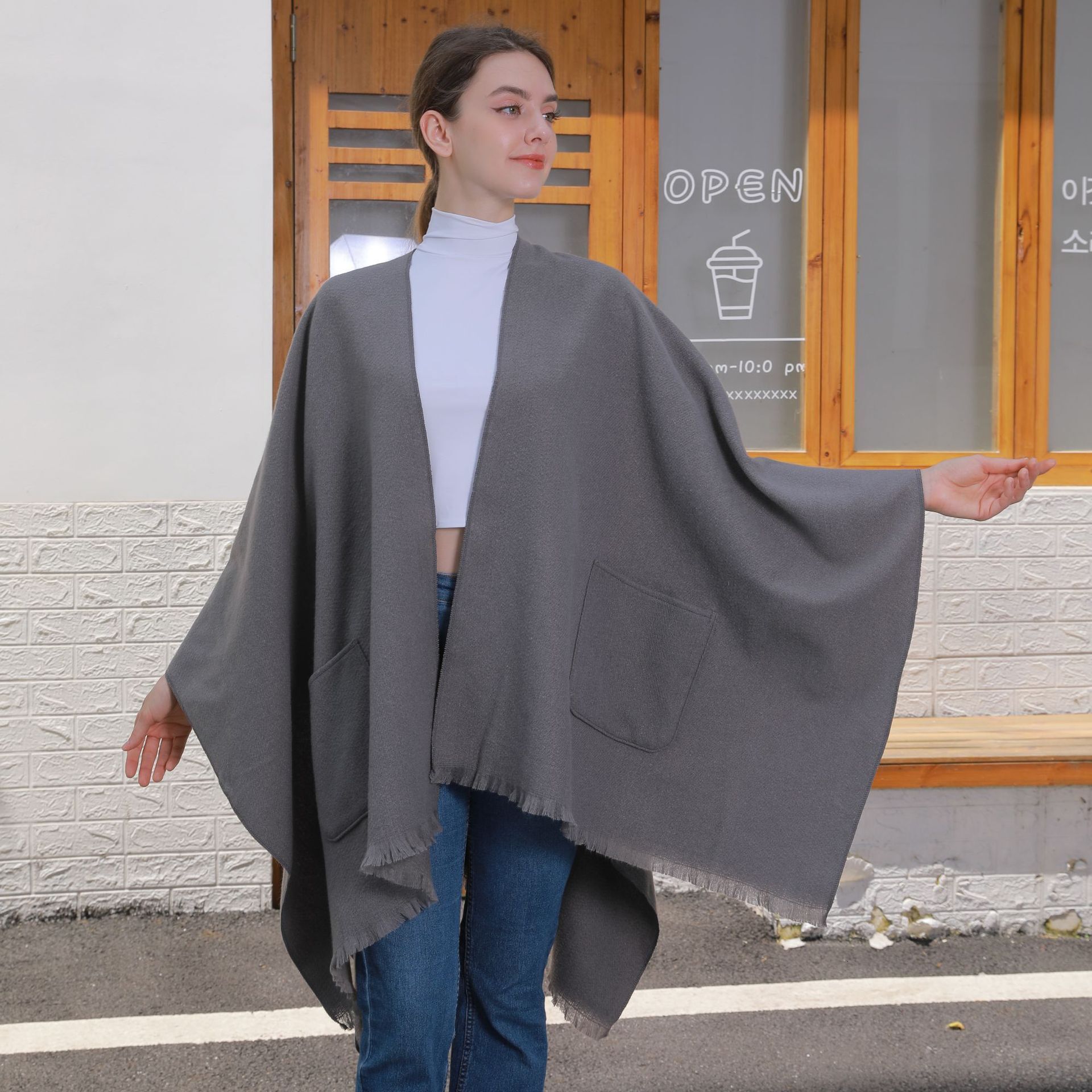 New Solid Color Pocket Shawl for Women Versatile Tassel Split Cape Travel Outerwear Warm Cardigan