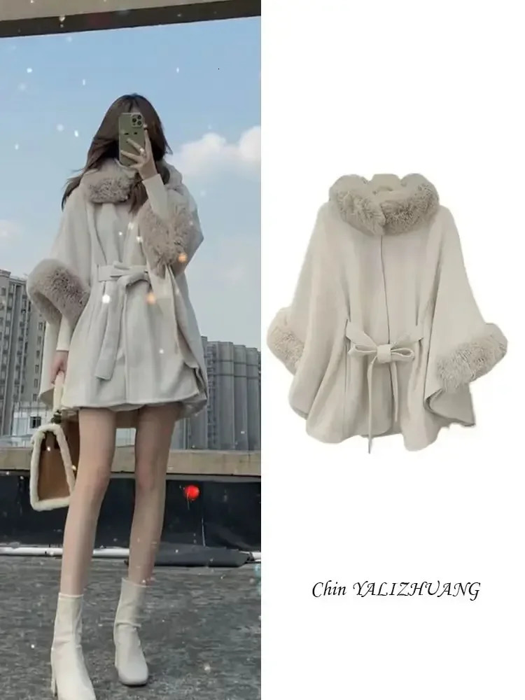 Womens Fur Coat Poncho Wool Warm Fashion Knitted Cloak With Fur Trim Faux Fur Poncho Cape goth Overcoat capas y ponchos 251024