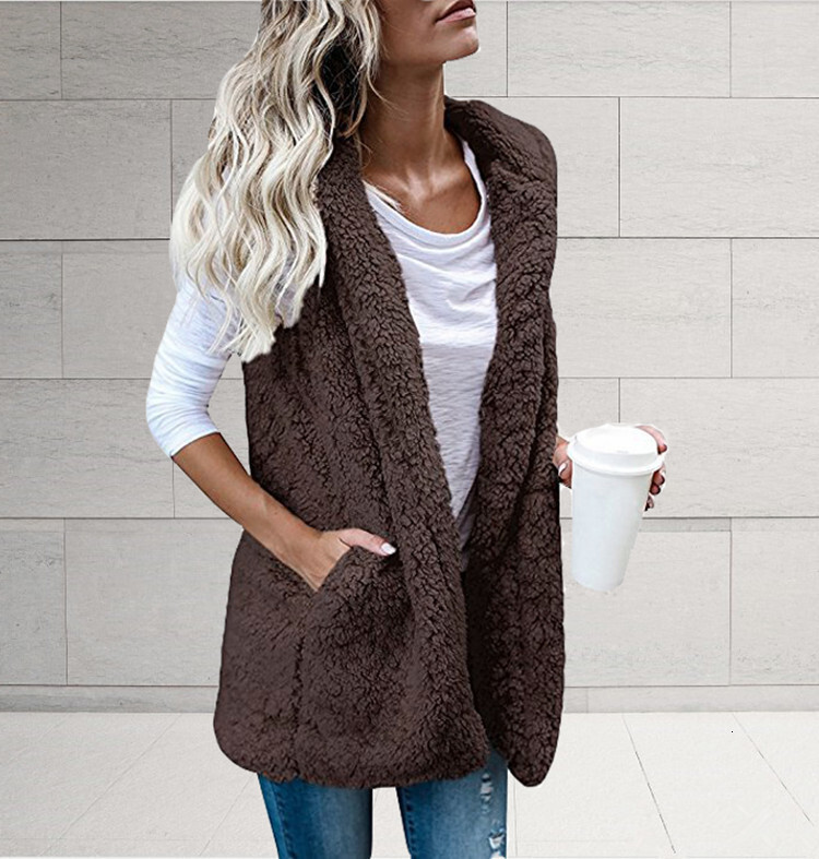 Autumn Winter Plus Size Women's Fashion Solid Color Sleeveless Hooded Pocket Fuzzy Vest