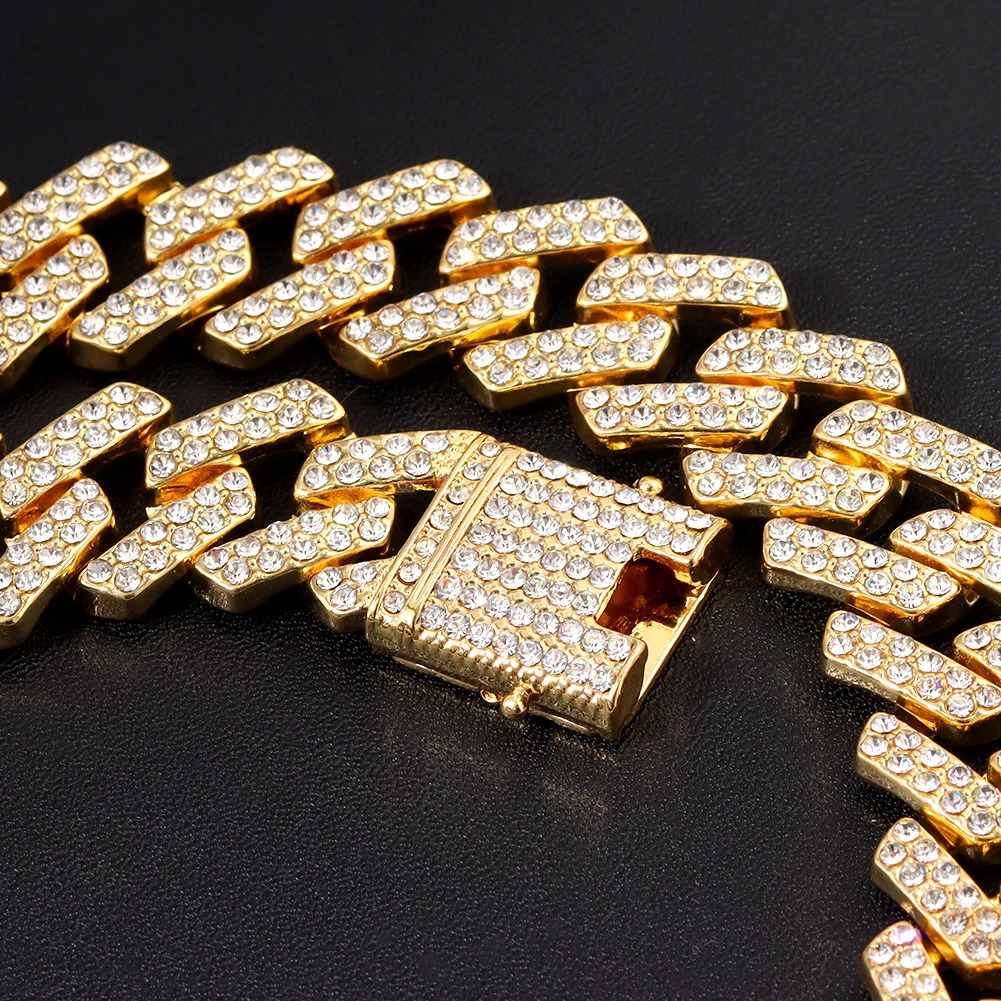 Iced Out Bling Rhinestones Prong Cuban Link Chain Mens Necklace 2 Row Crystal Curb Cuban Chain Hip Hop Jewelry 131420MM 251013