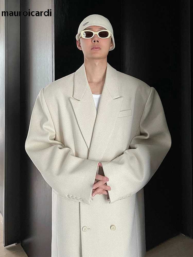 Mauroicardi Autumn Winter Long Beige Oversized Thick Warm Soft Wool Blends Coat Men Double Breasted Loose Korean Fashion 2023T251025