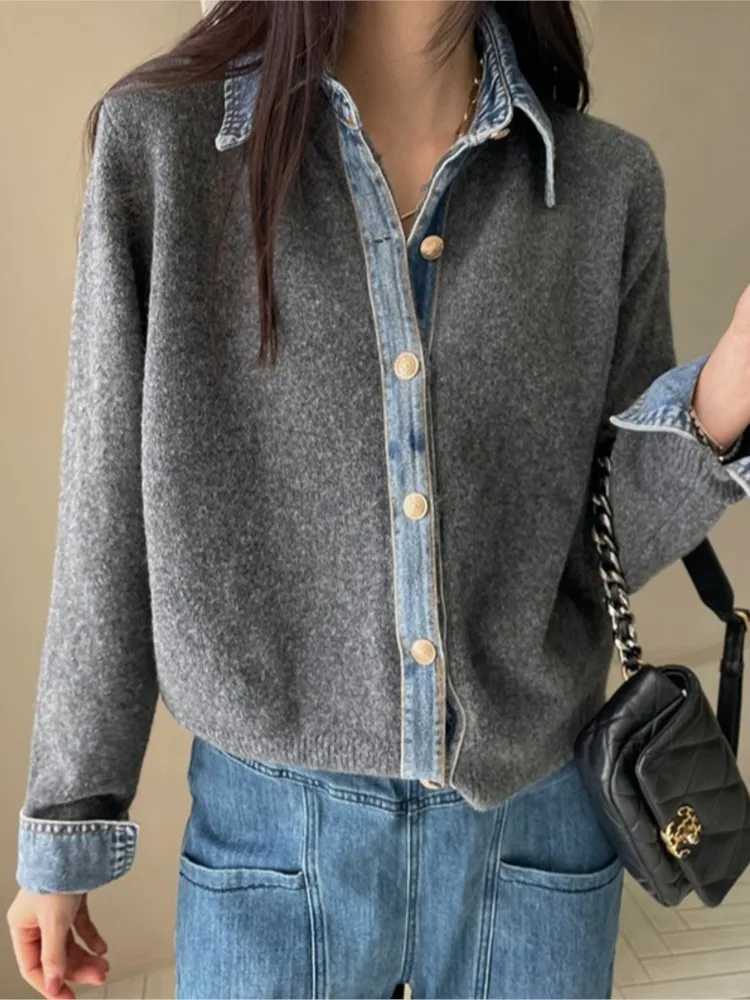 Knitted Autumn Cardigan Women Denim Patchwork Fashion Ladies Cardigans Korean Style Loose Casual Woman Sweater CoatsT251025