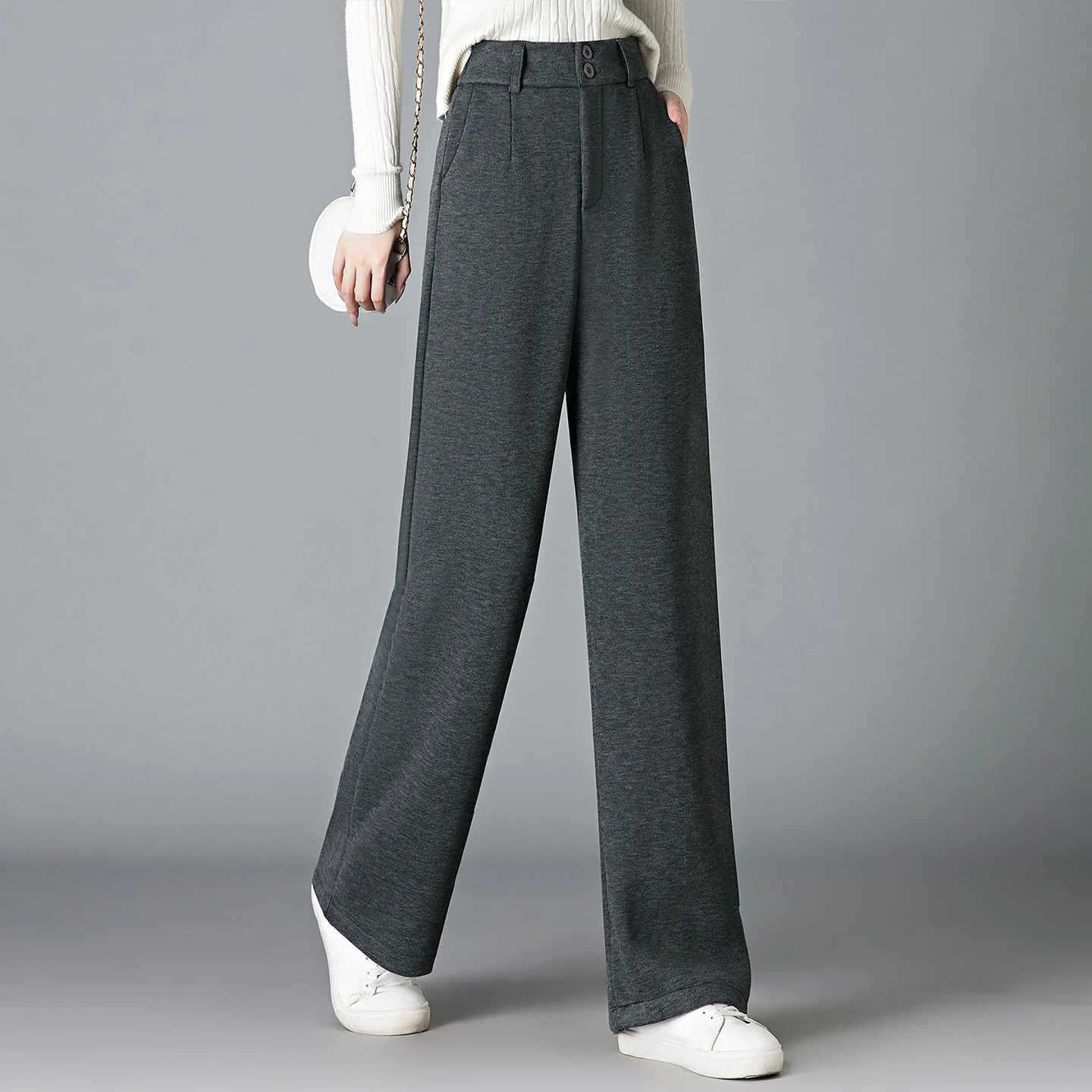 New Autumn Winter Fashionable Versatile Plus Plush Thick Warm Straight Leg Pants WomenS Casual High Waisted Wide Leg TrousersT251025
