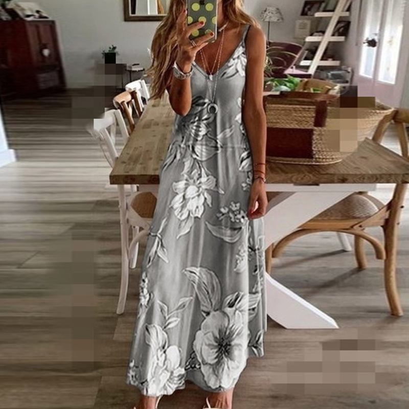 Spring Summer New Women's Slim Fit Long Floral Strap Dress