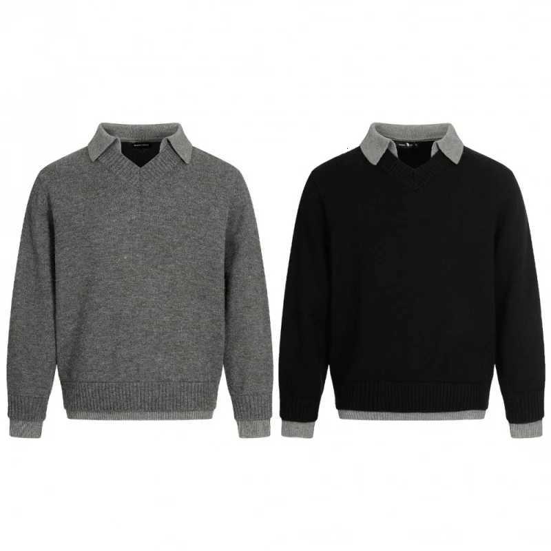 Mens Gray Polo Collar VNeck Sweater 2025 Autumn New Business Style Casual Knitted TopT251025