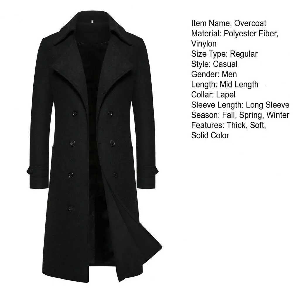Men Overcoat Doublebreasted Slim Fit Mid Length Long Sleeve Thick Windproof Warm Soft Cardigan Buttons Lapel Men Long CoatT251025