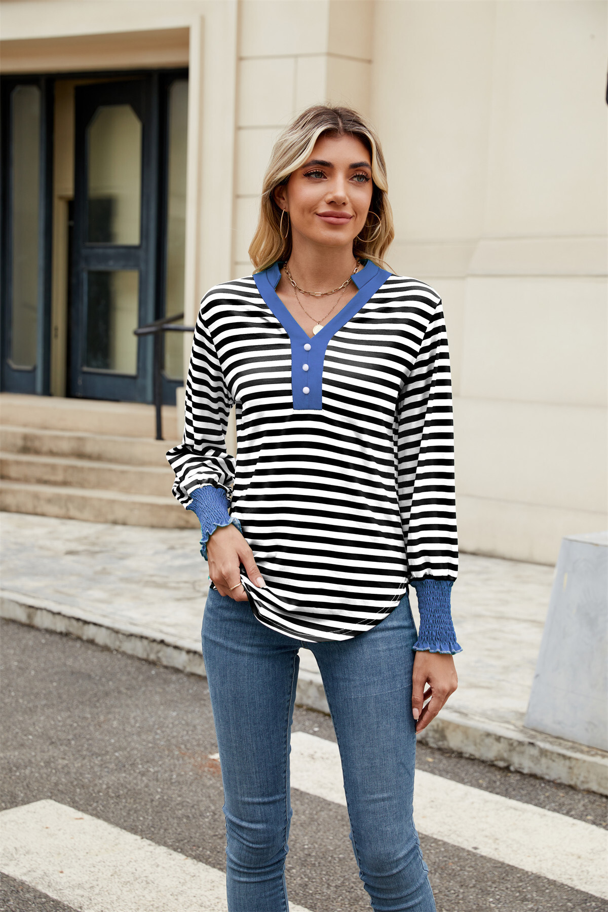 2025 Autumn and Winter New Knitted Sweater Long Sleeve Fashion Striped TShirt VNeck Top