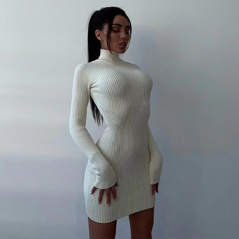 Autumn Knitted Turtleneck Dress Women Long Sleeve Bodycon Midi Dresses Female Elegant Fashion Solid Color Skinny Dress 251023