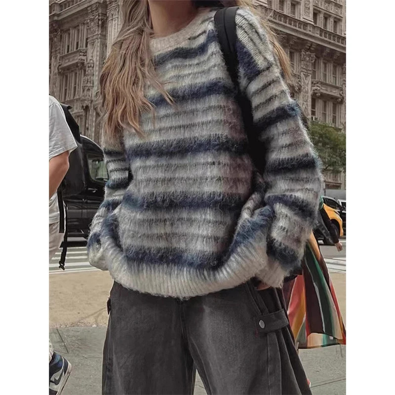 Harajuku Striped Sweater Women Vintage Long Sleeve Knitted Pullovers Winter Korean Patchwork Knitwears O Neck Casual Jumpers 251023