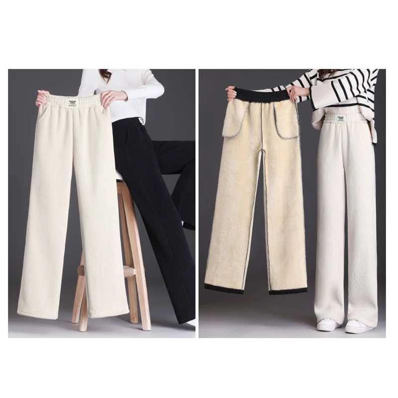 Winter Female Straight Leg Plush Thermal Pants Lady High Waist Fleece Trousers Women Fashion Snow Warm Loose Daily PantsT251025
