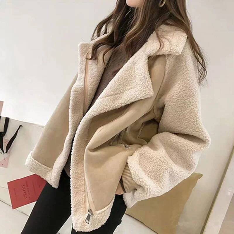 FSMG Women Thick Plush Warm Coat Lamb Wool Sheepskin Faux Suede Zipper Jacket Loose Fur One Piece Winter Fashion Khaki Outerwear dongdumaoyi