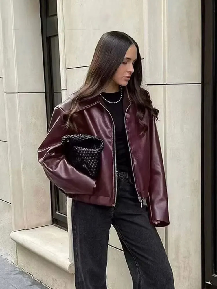 HH Wine Red Faux Leather Jakcet Fashion Outerwear Thicken Zipper Lapel Pu Coats Autumn Winter Streetwear Ladies Tops Women 251020