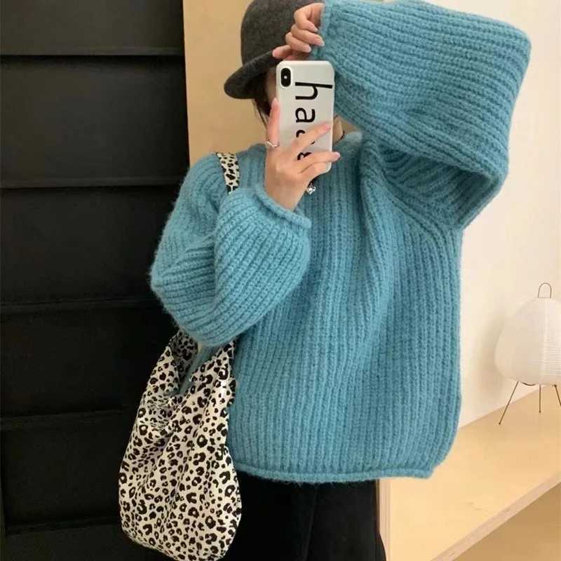 Korean Coarse Yarn Knitted Sweaters Womens Loose Fashion Candy Color ONeck Pullover Autumn Winter Thicken Warm Long Sleeve TopsT251025